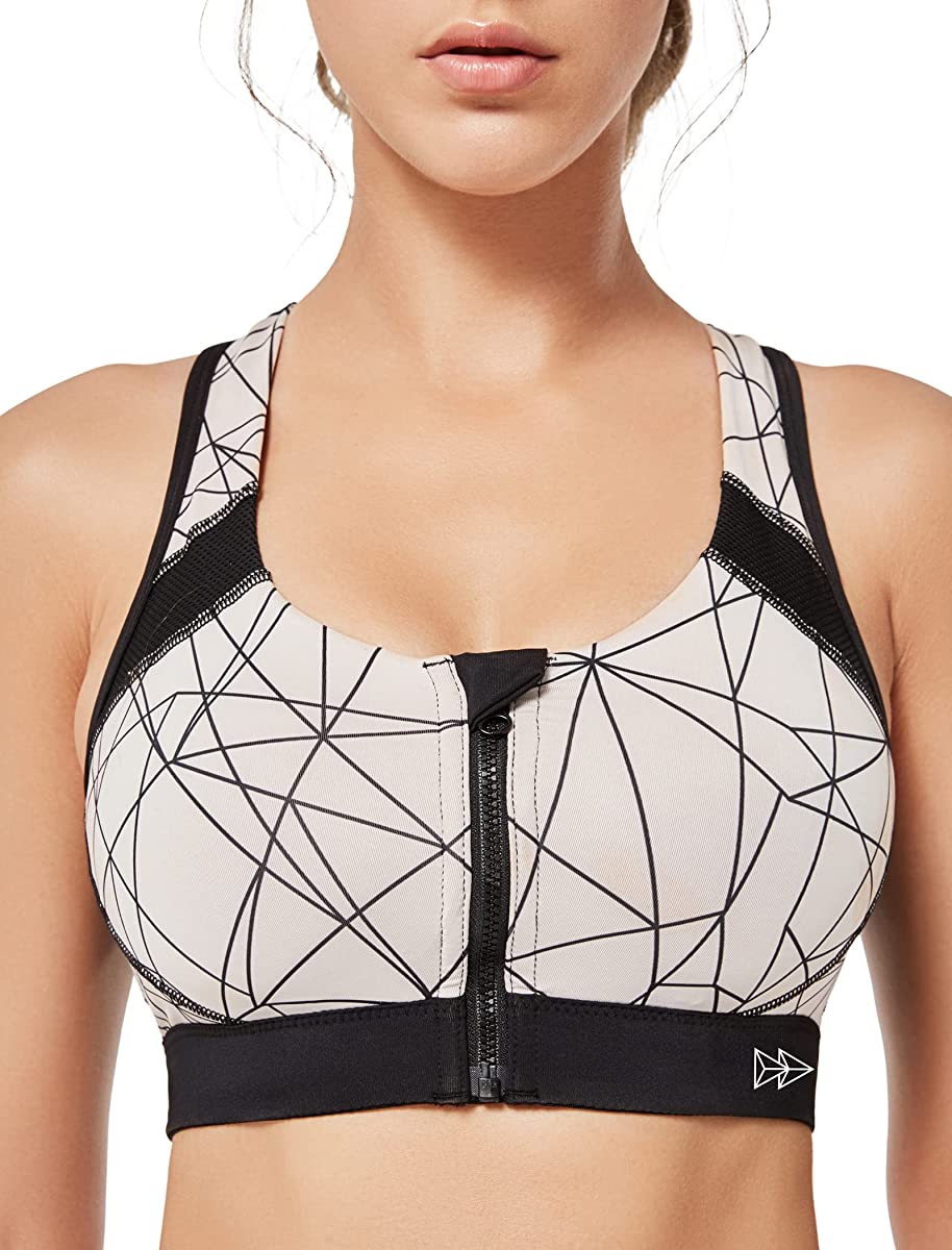 Women Zip Front Print High Impact No Bounce Wirefree Sports Bra Large Bust